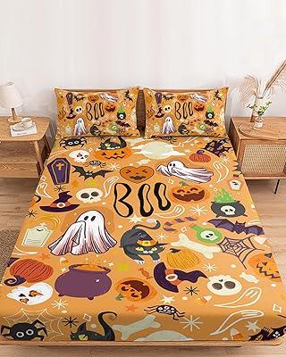 Halloween Cat and Skull King Bed Sheet