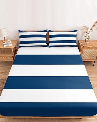 Navy and White Striped Fitted Sheet Set