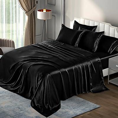 Pothuiny Luxury Black Satin 6-Piece Sheet Set - Queen Size