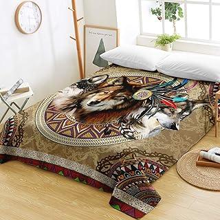 Wolves Feather Vintage Wolf King Flat Sheet - Tribal Aztec Design